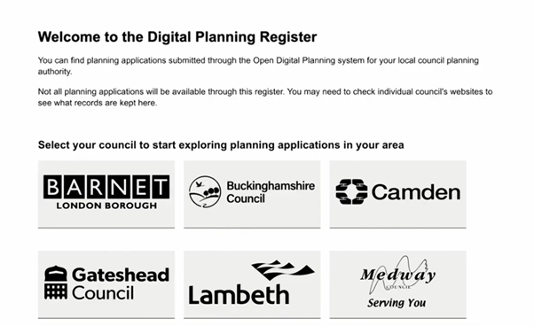 screen shot of the Digital Planning Register home screen