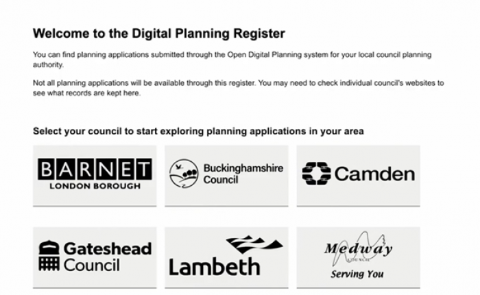 screen shot of the Digital Planning Register home screen